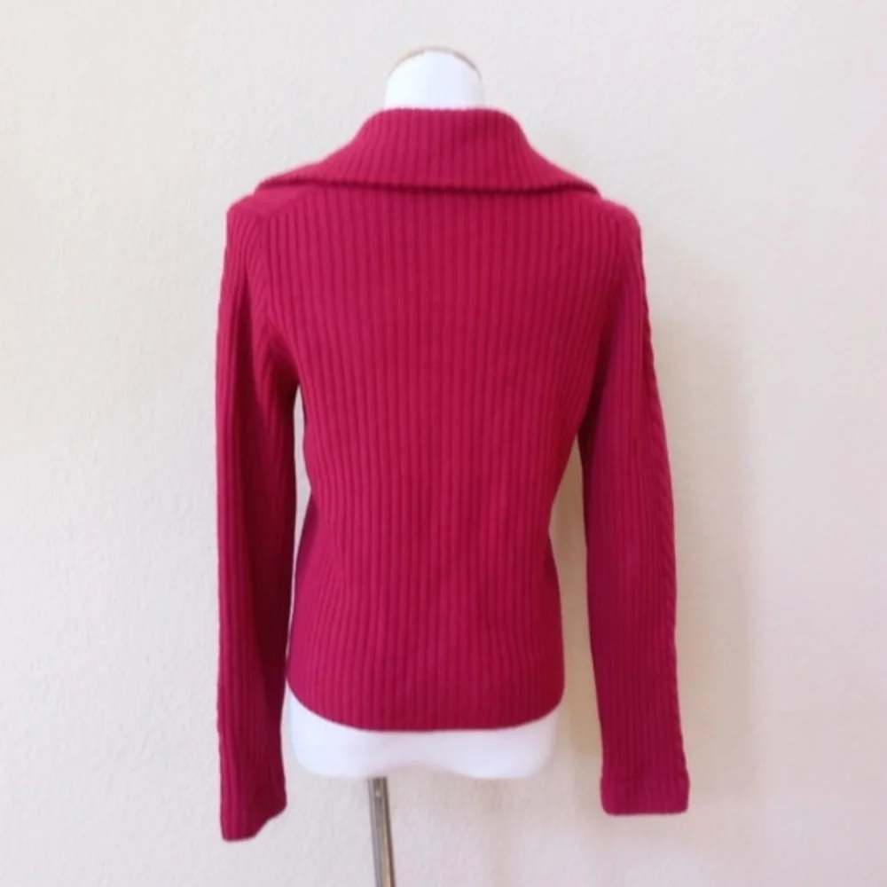 Talbots fuchsia 100% wool ribbed military style cardigan sweater - Picture 4 of 6